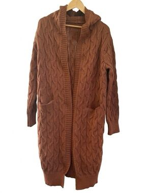 Chunky Cable Knit Hooded Longline Cardigan Sweater Medium Brown Mid-Thigh 35”